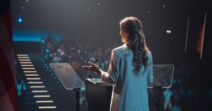 Hero - Female Representative Speaking at a Press Conference in Government Building. Press Officer Delivering a Speech at a Summit. Minister Talking at Congress. Stage  iStock-2223522796 iStock-2223522796