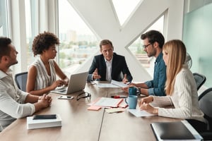 Morgentreffen. Seriöser Mann diskutiert neues Projekt mit multikulturellem Team, während er am Bürotisch sitzt - Teamlead Führung - Leadership  iStock-1173524007